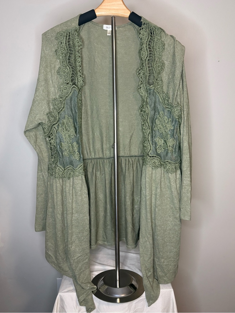 ELF Sage Green Lace-Trim Open Cardigan